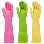 Rubber Dishwashing Gloves 3 Pairs for Kitchen,Cleaning Washing Dish Gloves Long for Household Reuseable Durable (L)