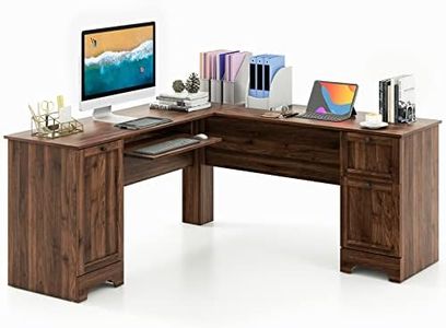 Tangkula L-Shaped Office Desk with Storage Drawers & Keyboard Tray, Home Office Corner Computer Desk with Cabinet & Inner Adjustable Shelf, Space-Saving Study Writing Desk, Computer Workstation