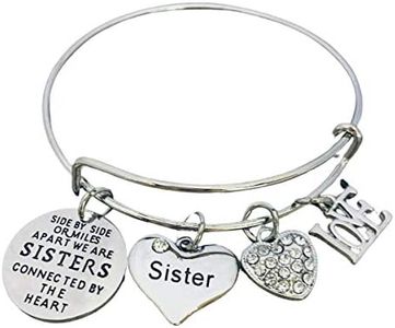 Infinity Collection Sister Charm Bangle Bracelet for Women- Side By Side or Miles Apart, We are Sisters Connected By the Heart Jewelry, Gift for Sisters