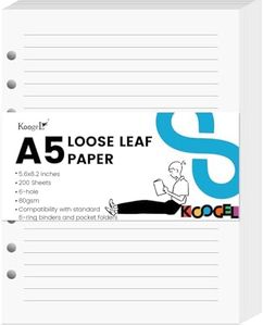 Koogel 200 Sheets Loose Leaf Paper, White Lined Refill Paper 6 Holes Punch for A5 Notebook 6-Ring Binders School Office 5.6 x 8.2 inch