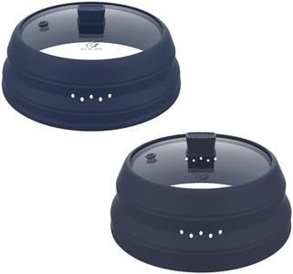 2 Pack Microwave Splatter Cover Glass Guard Lid with Collapsible Silicone for Food Pot Plate 8.5 inch and 9.8 inch Dark Blue, Tall Lid and Standard Size Lid