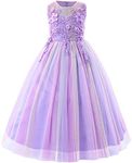 Little Big Girl Flower Tulle Dress Princess Pageant Birthday Party Wedding Formal Floor Long Dance Evening Maxi Gown, Rainbow Purple