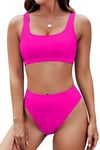 Pink Queen Women's Crop Top High Waisted Bikini Bottom High Cut 2 Piece Swimsuit Bathing Suit Rose Red L