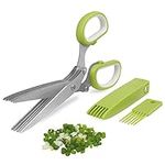 5-Blade Herb Cutter Scissors with Safety Cover, Cleaning Comb - Green