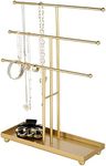 MyGift 3 Tier Brass Metal T-Bar Jewelry Organizer Stand, Necklace and Bracelet Hanging Display with Ring Tray