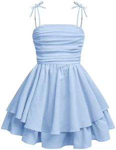 Verdusa Girl's Bow Tie Shoulder Sleeveless Princess Dress Ruched Tiered Layered Summer Dresses Blue 9 Years
