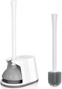 Toilet Plunger and Brush Set, Silicone Bowl Brush and Heavy Duty Toilet Plunger with Ventilated Holder, 2-in-1 Toilet Brush and Plunger Combo for Bathroom Deeply Cleaning (1, White & Grey01)