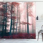 Ambesonne Forest Shower Curtain, Autumn Season Mystic Foggy Fall Nature and Enchanted Woods Wild Trees Print, Cloth Fabric Bathroom Decor Set with Hooks, 69" W x 84" L, Brown Grey and Red