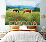 Ambesonne Animal Decor Collection, Various Kinds of Horses Eating Grass in the Field with Mountain Landscape Rural Scene Print, Bedroom Living Room Dorm Wall Hanging Tapestry, 60 X 40 Inches, Multi