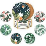 JJ PRIME - Ceramic Coasters Set Of 6 | Absorbent Coasters With Holder | Drink Coasters with Cork Based - Non Scratch, Anti Slip Glass Coasters House Warming Gifts (Leaves)