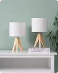 EDISHINE Bedside Lamps Set of 2, Wood Bedside Table Lamp, Tripod Lamp with Linen Lampshade, On-Off Switch, Desk Lamps for Reading, Bedroom, Living Room, Office, E27 Base, 2 LED Bulbs Included