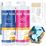 JDiction Epoxy Resin High Gloss 32oz - Crystal Clear Resin and Hardener, Bubble Free Coating and Casting Resin for River Table Top, Art, Jewelry, Wood, 1:1 Ratio Resin with Sticks, Cups and Gloves