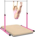 EVERYMILE Gymnastics Bar With Self-Inflating Mat for Kids Ages 3-15 for Home - 50mm Thick Inflatable Pad No Air Pump Needed, 99 to 160cm Adjustable Height Pink