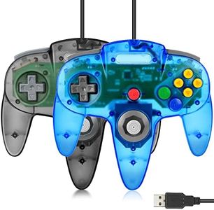 2 Pack Wired USB N64 Controller, FISUPER Classic Video Game Controller USB Gamepad for Windows PC MAC Raspberry PI Retropie (Clear Black + Clear Blue)