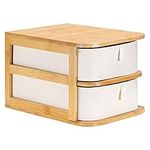 Navaris Makeup Storage Drawers - Bamboo Organiser and Cream Coloured Fabric Trays - 2-Tier Unit for Bathroom, Dressing Table - L 23 x W 17.5 x H 15 cm