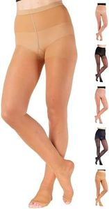 ABSOLUTE SUPPORT Made in USA Womens Compression High Waist Tights 15-20mmHg for Circulation - Sheer Graduated Support Stockings for Swelling, Lymphedema, Pregnancy - Beige Open Toe, Large, A103OTBE3