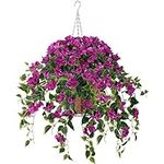 Homsunny Artificial Flowers Hanging Basket,4pcs Bougainvillea Silk Vine Flowers for Outdoor/Indoor, 10Inch Coconut Lining Flower Pot with Hanging Plant for Patio Lawn Garden Decor (Purple)