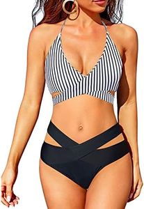 Holipick Two Piece Bikini Sets for Women High Waisted Bikini Push Up Swimsuit Halter Wrap Criss Cross Bathing Suit, Black Stripe, Medium