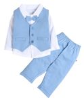 BUMZEE Powder Blue & White Boys Full Sleeves Shirt Waistcoat & Pant Set With Applique Bow Age - 18-24 Months (Peb9069E-pbl.wht)