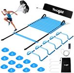 Yes4All Speed Training Equipment Set: 15ft Agility Ladder, Resistance Parachute, 5 Agility Hurdles, 12 Disc Cones with Carry Bag/Strap + Jump Rope