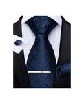 DiBanGu Navy Blue Plaid Tie Mens Silk Tie and Pocket Square Cufflinks Tie Clip Set Wedding Business