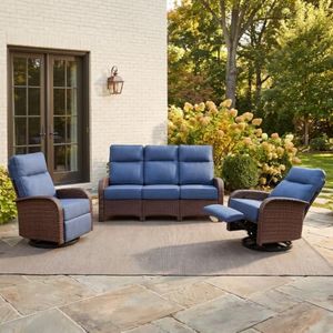 VELSCAPE Resort-Grade Recliners Patio Furniture, 6.2" Thick Cushions, V2.0 | Heavy Duty 3PC Patio Recliner Set, Dual-Adjust 3-in-1 Glide Swivel Recliner, Easy Assembly, 28D High-Density Cushion, Blue
