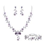 BriLove Women's Wedding Jewellery Set Leaf Cluster Flower Crystal Dangle Earrings Pendant Necklace Link Bracelet Set for Bridal Bride Purple Silver-Tone