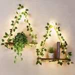 Set of 2 Macrame Hanging Shelves Artificial Ivy LED-Strip Rustic Wood Floating Storage Shelf Display Plants Photos Boho Floating Shelves Wall Decor for Bedroom Living Room Kitchen Nursery