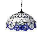 Mediterranean Tiffany Style Stained Glass Hanging Pendant Lamp Blue White Baroque Style Chandelier Lighting for Dining Room Kitchen Island,40cm