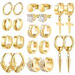 Funtopia Earrings for Men Women, 11 Pairs Stainless Steel 18K Gold Plated Small Hoop Earrings, Cross Dangle Earrings Set, Fashion Huggie Earrings Piercing Jewelry for Party Birthday, Gold