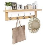 SMIBUY Coat Hooks with Shelf Wall-Mounted, 74 cm Entryway Coat Rack for Wall, Bamboo Hanging Shelf with 5 Double Metal Hooks for Bathroom, Bedroom, Kitchen, Living Room, Mudroom (Natural)