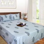 TOAI Art Hand Block Print Bedsheet | Long Staple Premium Cotton | 300TC| Luxury Sheets| Double Bed Size 90"X108" | Includes 2 Pillow Covers 18" X 28" | Blue Tulips on Blue