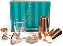 Shaken & Stirred Cocktail Set by Bull in China - Premium Bartender Gift Set w/ 2 Piece Weighted Shaker, Hammered Jigger, Hawthorne Strainer, Fine Mesh Strainer, Mixing Glass & Barspoon (Copper)