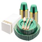 Bestluck 175PCS Clear Green Plastic Plates for 25 Guests, Disposable Plates with Gold Trim include 50 Dinner plates, 75 Gold Silverware, 25 Cups, 25 Napkins for St.Patrick's Day & Wedding & Party