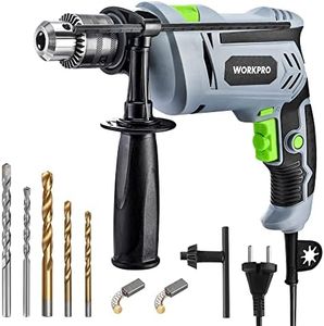 WORKPRO 850W Taladro Percutor, Taladro Eléctrico con Cable, Taladro de Impacto con Mango Giratorio de 360°, 3000 RPM, Botón de Velocidad Variable