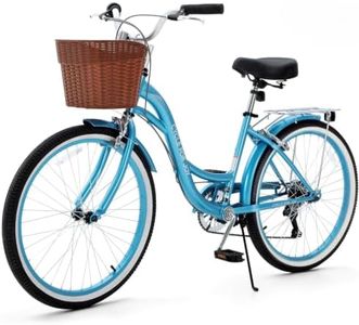 RegalRider 24 inch Beach Cruiser Bike for Women, 7 Speed Commuter Bicycle with Basket & Rear Rack, Low-Step Through Frame, Adjustable Seat and Handlebar, Adult City Cruiser (Pink/Blue)