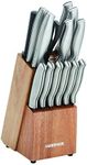 Farberware 15-Piece Stamped Stainless Steel Knife Block Set, High-Carbon Stainless Steel Kitchen Knife Set with Ergonomic Handles, Razor-Sharp Knives with Wood Block, 15-Piece Set, Acacia