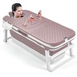 Warmiehomy Portable Bathtub Adult,135x54x61CM Folding Bathtub with Lid,Thicken Barrel Insulated Bathtub with Soap Basket,Neck Pillow,Massage Rollers,Thermometer Display,Deal for Small Spaces,Pink