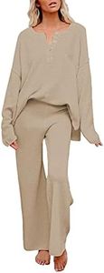 Pink Queen Women's 2 Piece Outfit Set Long Sleeve Button Knit Pullover Sweater Top and Wide Leg Pants Sweatsuit Khaki S