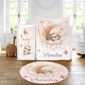 Duckbe Custom Baby Crib Bedding Set - Moon Animal Personalized Name Nursery Bed 3 Pcs Set - Chic Soft Blanket, Sheet, Crawling Rug for Newborns Boys Girls Gifts Color15-Sloth