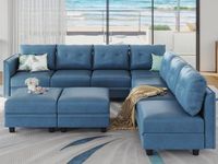 LLappuil Modular Sectional Sofa, Convertible L Shaped Sectional Couch with Storage, Faux Leather Fabric, Modular Sectionals with Chaise, 7 Seats with 2 Ottomans Sofas for Living Room, Navy Blue