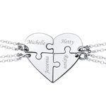 BFF Necklace for 4 Stainless Steel Chain Personalized Family Love/Friendship Jewelry Set Personalized Engraving Split Heart Pendants for 4 Best Friend Graduation Gift