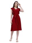 QUEEN ELLIE Women's Striped Front Ruffle Trim Belted A-Line Midi Dress Maroon