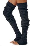 TOPWEL Womens Long Stretch Knitted Stirrup Leg Warmers Winter Soft Over Knee High Footless Socks Knit Warm Leg Warmers Cable Boot Socks Knit Long Leg Warmers (Black)