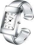 Silver Tone Rectangle Case Easy to Read Small Size Women's Bangle Cuff Watch, Quartz Movement