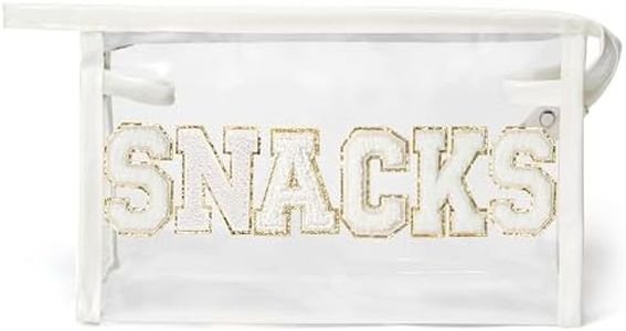 Y1tvei SNACKS Clear Makeup Bag - Preppy Patch White Chenille Varsity Letter Transparent PVC Large Cosmetic Pouch Portable Waterproof Travel Organizer Toiletry Compliant Carry Bag for Women Girl(White)