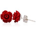 Sterling Silver Rhodium Plated Carved Red Rose Stud Earrings (Red Rose)