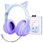 JYPS Kids Wireless Headphones, Childrens Headphones with LED Light and Cat Ear for Girls, Bluetooth Headset with Detachable Noise-cancelling Microphone and Built-in Mic for Call/Gaming (purple)