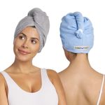 Turbie Twist Microfiber Hair Towel Wrap - for Women, Men & Kids - Travel & Bathroom Essential - Quick Dry Hair Turban for Curly, Long & Thick Hair - 2 Pack (Grey, Blue)