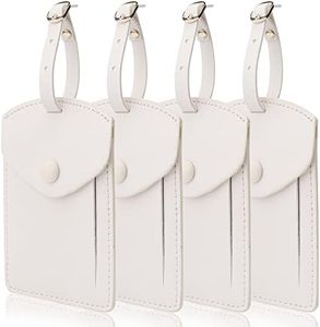 Kevancho Leather Luggage Tags for Men Women, Suitcase Labels Baggage Bag Tag ID Tags with Full Back Privacy Cover for Cruise Ships, Travel Accessories Tags Set of 4 PCS (White)